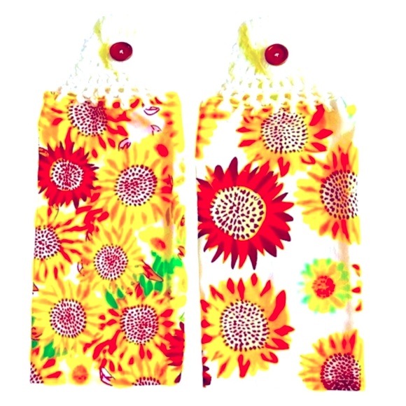 Hand Crafted Colorful Yellow Floral Sunflowers Hanging Hand Towels Crochet Top - Picture 4 of 10